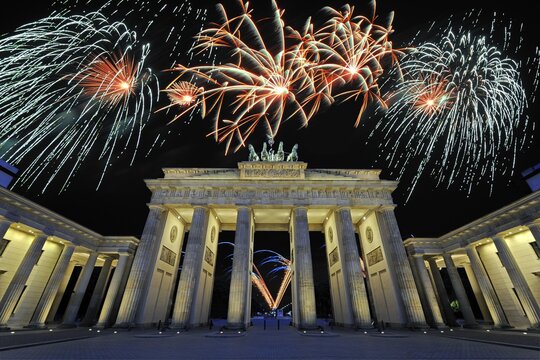 Brandenburg Gate with fireworks display, Berlin, Germany, Europe, composite, Europe