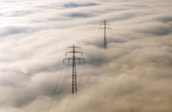 Aerial view, electricity pylons in fog, Hamburg, Hamburg, Germany, Europe
