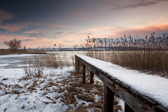 Jetty on Lake Constance near Hegne on the German bank with snow, Baden-Wuerttemberg, Germany, Europe