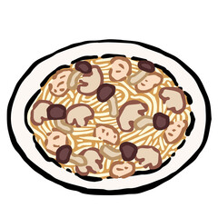 Illustration of Spaghetti pollo e funghi: Hand drawn vector illustration like woodblock print