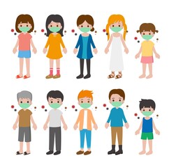 10 kinds of cartoon characters vector set of men and women with children, face masks, colds, flu, viruses