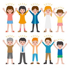 10 kinds of cartoon characters vector set of man and woman with children, happy and cheering