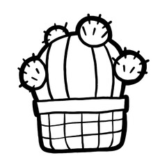 Doodle cartoon cactus nursery decoration, black line hand drawn for coloring and any design. Vector illustration of kid art.