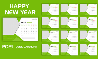 abstract creative green 2021 desk calendar design set vector 12 month.