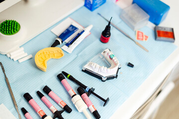 Dental equipment on table at clinic