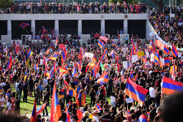 Los Angeles, California, USA - October 2020: Armenians protest in USA against war in Artsakh. Nagorno-Karabakh region. The Armenian diaspora held a protest against aggression of Azerbaijan in Artsakh. - 385169969