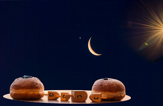 Sweet Festive Donuts And Four Dreidels Placed On Wooden Plate. English Translation For Hebrew Letters On Four Sides Of Dreidel Means - Great Miracle Happened There Or Here