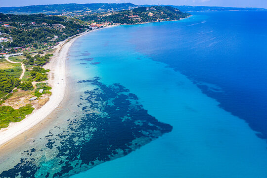 Greece, Kassandra, Aerial view of Possidi Beach in summer