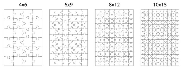 template for puzzle pieces of different difficulty levels for overlaying an image. Children educational games. Black and white vector