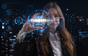 Obraz premium Business, technology, internet and network concept. Young businessman thinks over the steps for successful growth: ISO 9001