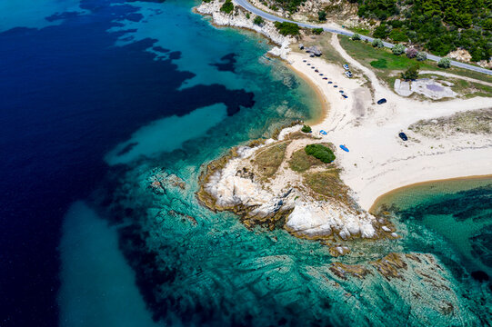 Greece, Sithonia, Aerial view of Ema Beach in summer