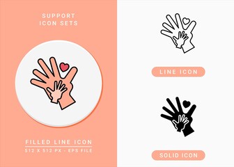Support icons set vector illustration with solid icon line style. Charity help care concept. Editable stroke icon on isolated background for web design, infographic and UI mobile app.
