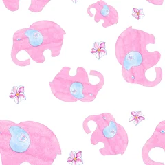 Tapeten Nahtloses Muster Aquarell des niedlichen Elefantkarikaturbabys © Vasleriia Kuznetsova
