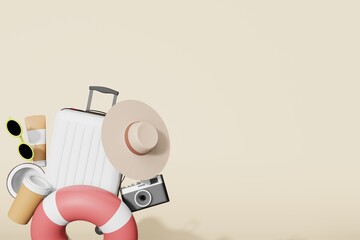 Summer stuff-Luuage,toy airplane,life ring,camera,beach hat,sunscreen cream and sun glasses in 3d illustration rendering