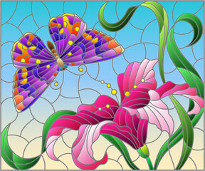 Illustration in stained glass style with a pink Lily flower and a bright butterfly on a blue sky background, rectangular image