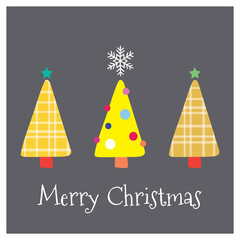 Cute Merry Christmas greeting card with lettering and fun yellow colorful plaid trees illustration on black background. Vector design elements. Great for stickers, labels, tags, and icons.