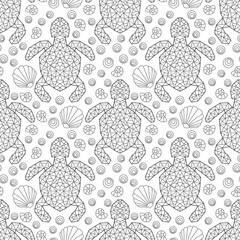 Seamless pattern with  geometric turtles and seashells, contour animals on a white background