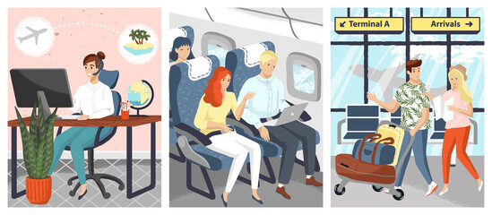 People travel by airplane vector illustration. Man and woman waiting for a flight in the airport terminal. Passengers use laptop and internet onboard. Travel company operator books ticket by phone