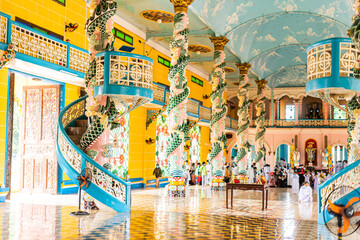 Fototapeta na wymiar Interior and decoration inside a Cao Dai Temple in Tay Ninh province, near ho chi minh city, Vietnam