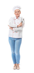 Mature female chef on white background