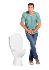 Man with problem of frequent urination on white background. Diabetes symptoms