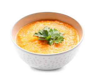 Tasty pumpkin cream soup in bowl on white background