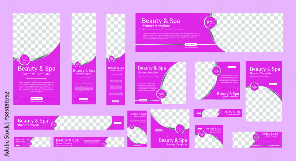 Wall mural spa banner collection with place for photo. web banner layout. vertical, horizontal and square templ