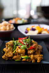 Stir Fried Pork Ribs Red Curry Paste And Coconut Milk.