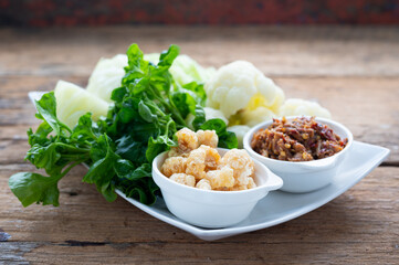 Nam prik or chili paste with boiled various vegetables,Thai food