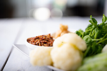 Nam prik or chili paste with boiled various vegetables,Thai food