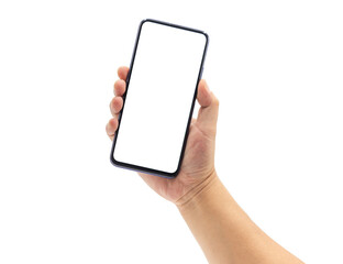 A man's hand holds a blank smartphone with a black frame.