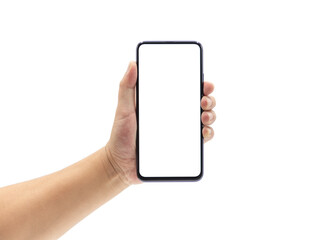 A man's hand holds a blank smartphone with a black frame.