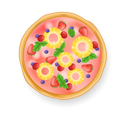 Realistic pizza on white background. Traditional italian food fruit pizza with pineapples, cherries, strawberries. Restaurant and homemade food vector