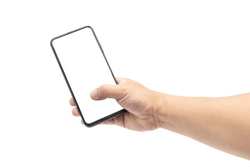 A man's hand clicks on a blank smartphone with black border with thumb