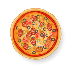 Realistic pizza on white background. Traditional italian food pizza with tomatoes, olives, sausage. Restaurant and homemade food vector