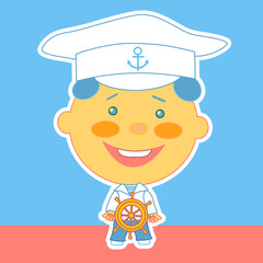 A boy dressed in a sailor suit, cap and flared pants, stands and holds on to the helm, color vector emoticon on isolated background