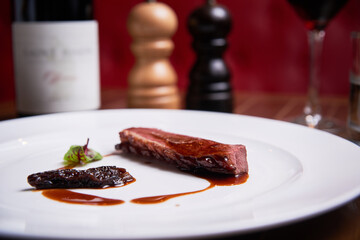 Duck breast dish in high cuisine restaurant