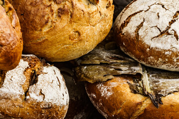 Many rustic fresh bread loaves