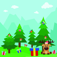Obraz na płótnie Canvas Christmas Tree and Deer Cute Illustration