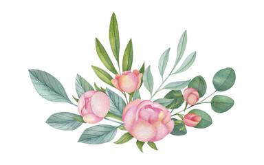 Watercolor floral composition on the light background. Hand-painted illustration for wedding invitations, cards, and prints. Raster watercolor illustration.