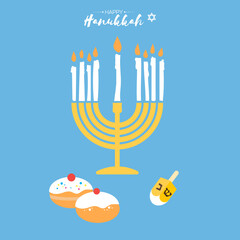 Happy Hanukkah. The Jewish Festival of Lights. Festive menorah, dreidel. sweet traditional bake and golden lights.