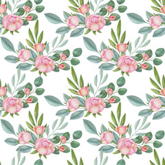 Watercolor floral seamless pattern on the light background. Hand-painted illustration with elegant flowers, leaves and buds.