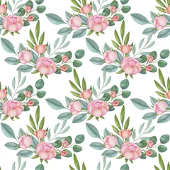 Foto op Canvas Watercolor floral seamless pattern on the light background. Hand-painted illustration with elegant flowers, leaves and buds. © Victoria