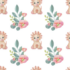 Watercolor seamless pattern with cute dinosaur and bouquet composition on the light background. Funny kids illustration. Ideal for children's textile, wrapping, and other designs.