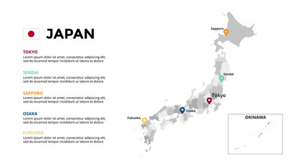 Japan vector map infographic template. Slide presentation. Tokyo, Sendai, Sapporo, Osaka, Fukuoka. Asia country. World transportation geography data. 