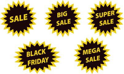 Black Friday sale. Banner, discount advertising: big, super, mega sale. Black star shaped icons set. Vector illustration