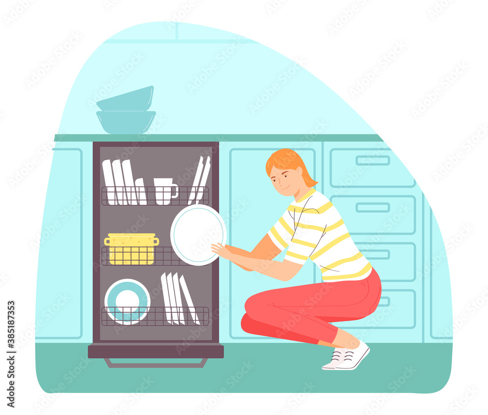 Wall mural Young woman pulls out a plate from the dishwasher.Housework concept. Vector illustration for banners, posters, postcard . Cartoon style