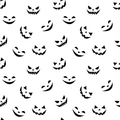 Seamless pattern of smiling faces ghosts in flat style. Vector Halloween's texture or background for party, poster, invitation, any design. Danger animal. Black and white, isolated