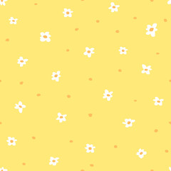 Seamless pattern of daisies on a yellow background. Doodle. Simple vector illustration in flat style. Use for textile, postcards,wallpaper, wrapping paper