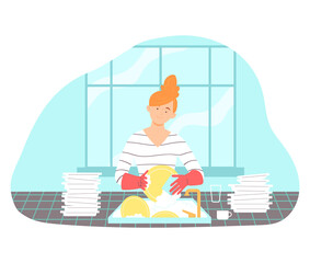 Redhead woman washing dishes in the kitchen. Housework concept. Vector illustration for banners, posters, postcard . Cartoon style